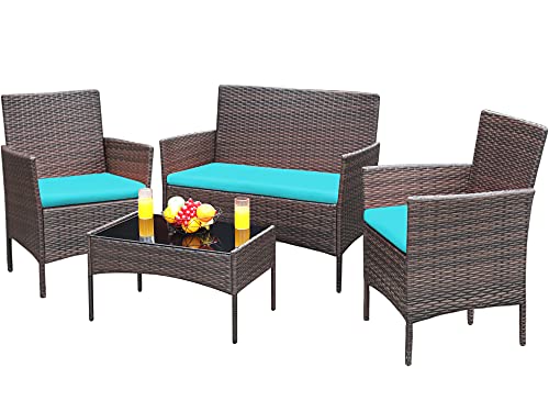 Greesum 4 Pieces Patio Outdoor Rattan Furniture Sets Wicker Chair Conversation Sets Garden Backyard Balcony Porch Poolside Furniture Sets with Soft Cushion and Glass Table Brown and Blue