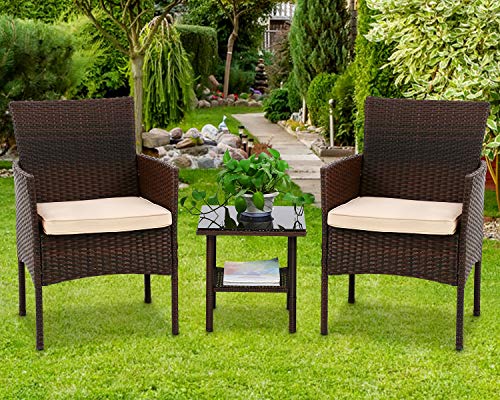 HGS Outdoor Wicker Bistro Set 3 Pieces Patio Furniture Sets PE Rattan Conversation Set with Durable Frame Wicker Table Set Porch Furniture for Balcony Backyard Garden Deck Brown