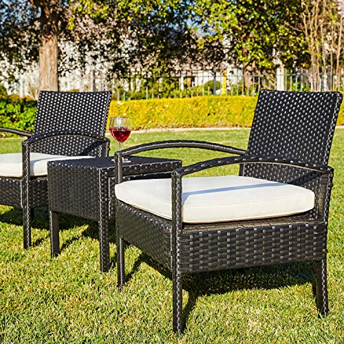 MW 3 Pieces Patio Sofa Set PE Wicker Rattan Outdoor Sectional Furniture 2 Cushioned Chairs and 1 Coffee Table for Lawn Garden Backyard Pool