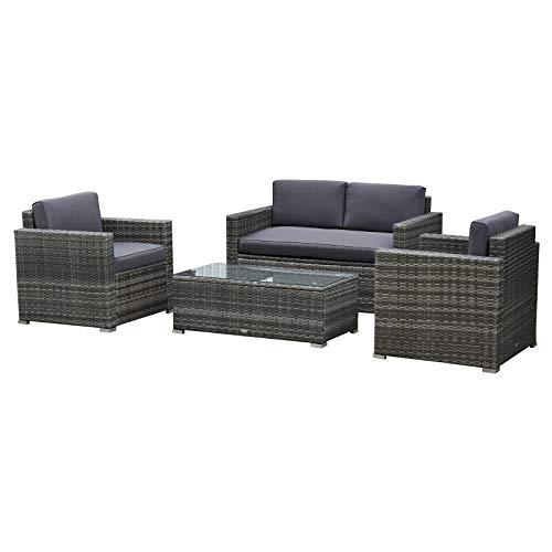Outsunny 4Piece Cushioned Patio Furniture Set with 2 Chairs Sectional and Glass Coffee Table Rattan Wicker Grey