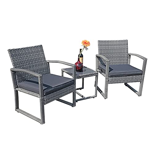 Patiorama 3 Pieces Outdoor Patio Furniture Set Outdoor Wicker Conversation Set Patio Rattan Chair Set Modern Bistro Set with Coffee Table Garden Balcony Backyard Poolside (Dark Grey)