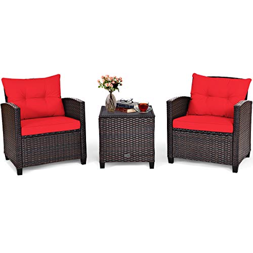 Tangkula 3 Pieces Patio Furniture Set PE Rattan Wicker 3 Pcs Outdoor Sofa Set wWashable Cushion and Tempered Glass Tabletop Conversation Furniture for Garden Poolside Balcony (Red)