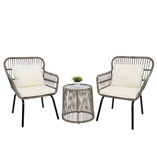 VINGLI 3 Pieces Patio Porch Furniture Sets Indoor Outdoor AllWeather Wicker Conversation Bistro Furniture SetGarden Furniture SetsPatio Conversation Sets Clearance Cushions Included (Tan)