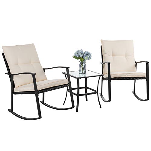 Vongrasig 3 Piece Outdoor Rocking Chair Set PE Wicker Rattan Small Patio Rocking Bistro Set Front Porch Furniture Rocking Chairs Set of 2 Cushioned Patio Rocker Chair Set with Glass Table (Beige)