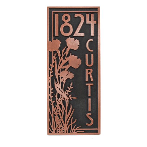 Vertical Poppy Address Plaque 10x24 - Raised Copper Patina Coated