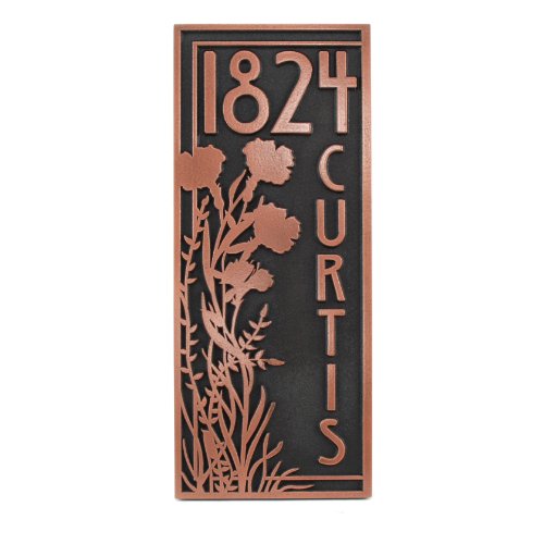 Vertical Poppy Address Plaque 10x24 - Raised Copper Patina Coated