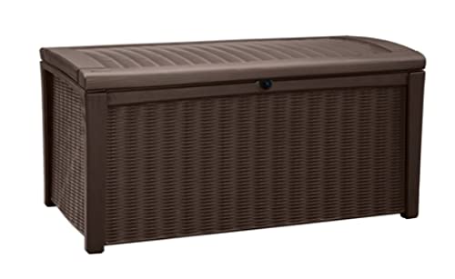 Keter Borneo 110 Gallon Resin Deck BoxOrganization and Storage for Patio Furniture Outdoor Cushions Throw Pillows Garden Tools and Pool Toys Brown