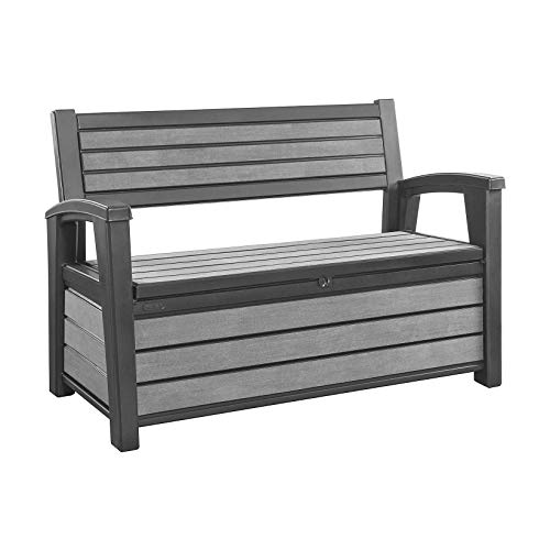 Keter Hudson 60 Gallon Plastic Resin Weather Resistant Outdoor Backyard Patio Storage Bench Deck Box Grey