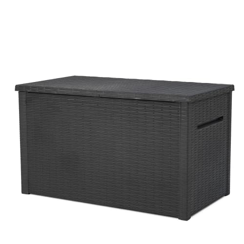 Keter Java XXL 230 Gallon Resin Rattan Look Large Outdoor Storage Deck Box for Patio Furniture Cushions Pool Toys and Garden Tools Grey