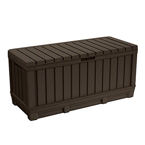 Keter Kentwood 90 Gallon Resin Deck BoxOrganization and Storage for Patio Furniture Outdoor Cushions Throw Pillows Garden Tools and Pool Toys Brown