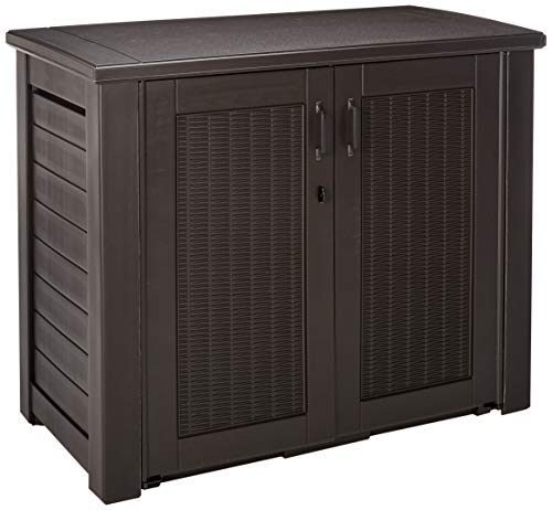 Rubbermaid Patio Chic Resin Weather Resistant Outdoor Storage Deck Box 123 Gal Black Oak Rattan Wicker Basket Weave for GardenBackyardHomePool