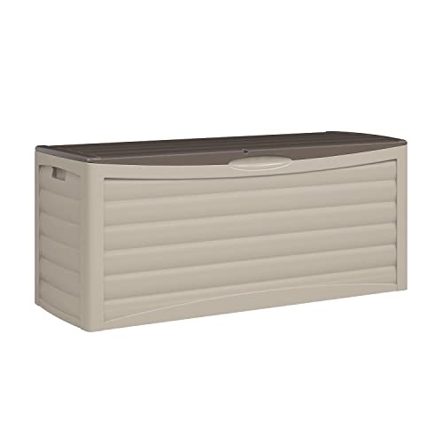 Suncast Resin 103Gallon Large Storage Box with WheelsOutdoor Bin for Gardening Tools Seat Cushions and Other Accessories Store Items on Deck Patio Backyard Taupe