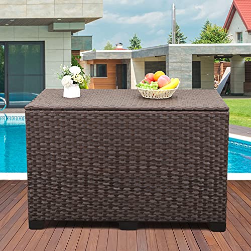Valita Outdoor Wicker Storage Box Big SizeResin Brown Rattan Deck Bin with Lid 150 GallonWaterResistant Liner Container for Patio Gardening Tools Cushions Pool AccessoryPillows