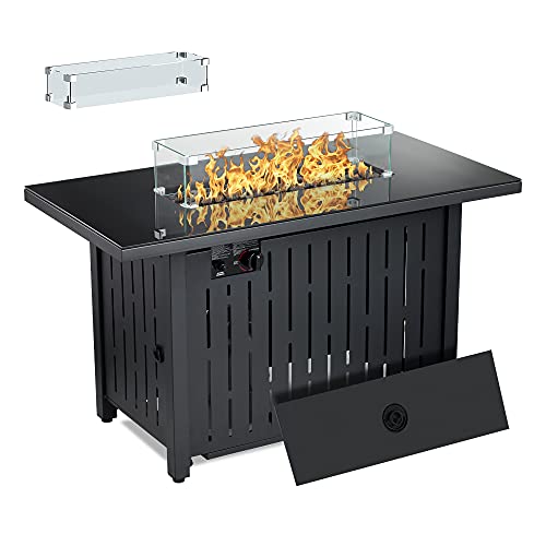 CUREALLSO Propane Fire Pit 43 Inch 50000BTU AutoIgnition Gas Fire Pit Table with Lava Stone Glass Wind Guard CSA Approved for Outdoor Garden Patio Backyard