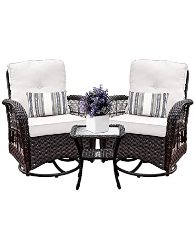 Harlie  Stone Outdoor Swivel Rocker Patio Chairs Set of 2 and Matching Side Table  3 Piece Wicker Patio Bistro Set with Premium Fabric Cushions