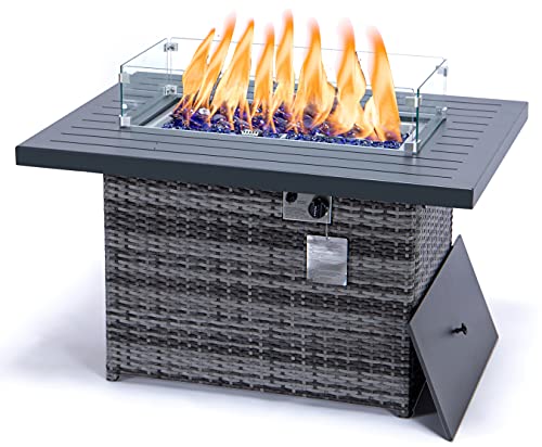 Propane fire Pit 44 Rectangular Grey Wicker fire Pit Table with Wind Guard 55000 BTU fire Pit Propane Table top Outdoor fire pits Patio fire Pit Table with Cobalt Blue Stone (44 with Glass Grey)