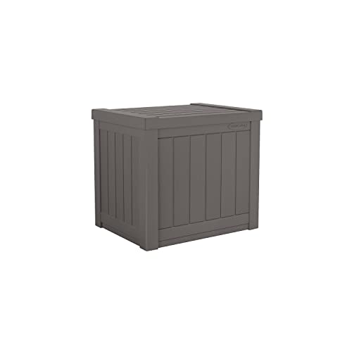 Suncast 22Gallon Small Deck Box  Lightweight Resin IndoorOutdoor Storage Container and Seat for Patio Cushions and Gardening Tools  Store Items on Patio Garage Yard  Stone Gray