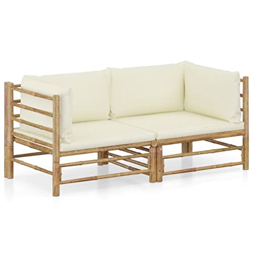 Outdoor Garden Modular Furniture Set Sectional Sofa Patio Lounge  Deep Seating Conversation Furnishings with Cushions2 Piece Garden Lounge Set with Cream White Cushions (Bamboo)