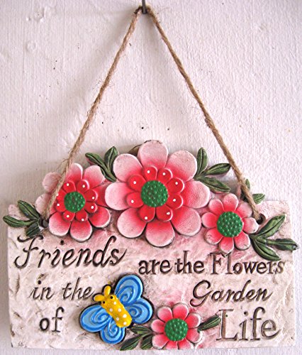 Hanging Wall Plaques Signs With Garden Theme Flowers Butterflies Friends Rustic Concrete Red Flowers