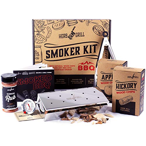 Herb  Grill 8 Piece BBQ Cooking Gift Set for Dad  Smoking Wood Chip Smoker Box with Honey BBQ Rub  Fun  Easy