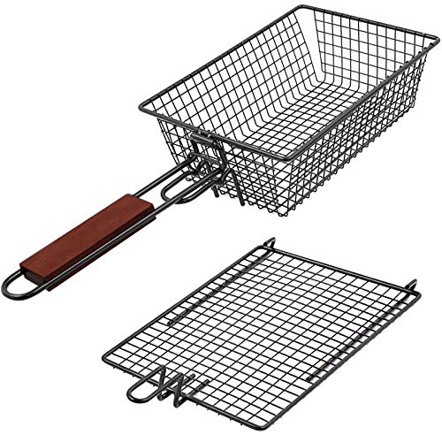 Wisehold Folding Long Handle Grill Basket  with Unique Locking Mechanism Grilling Accessories for Outdoor Cooking BBQ Accessories for Vegetables Seafood Poultry and Meats