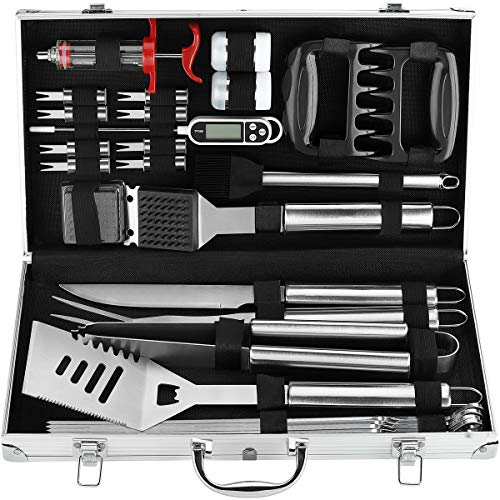 POLIGO 26PC Exclusive BBQ Grill Accessories in Aluminum Case for Birthday Christmas Grilling Gifts  Premium Grill Utensils Set with Barbecue Claws Meat Injector Thermometer for Smoker Camping