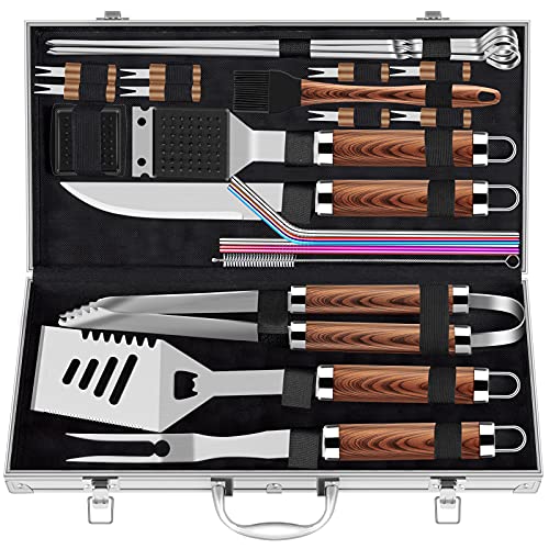 ROMANTICIST 25pcs Extra Thick Stainless Steel Grill Tool Set for Men Heavy Duty Grilling Accessories Kit for Backyard BBQ Utensils Gift Set with SpatulaTongs in Aluminum Case for Birthday Brown