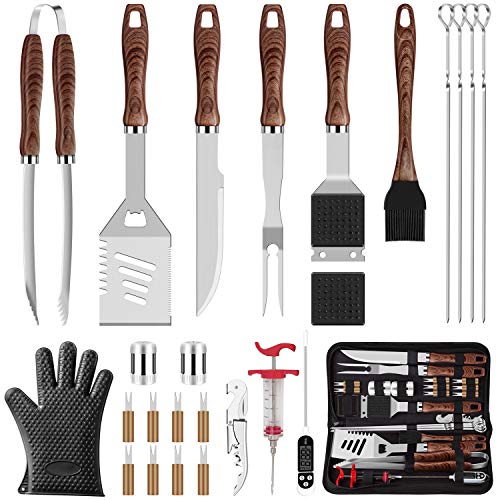 ROMANTICIST 26pcs Grilling Accessories Kit for Men Women Stainless Steel Heavy Duty BBQ Tools with Glove and Corkscrew Grill Utensils Set in Portable Canvas Bag for OutdoorCampingBackyardBrown
