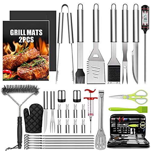 Taimasi 34Pcs BBQ Grill Accessories Tools Set 16 Inches Stainless Steel Grilling Tools with Carry Bag Thermometer Grill Mats for CampingBackyard Barbecue Grill Tools Set for Men Women