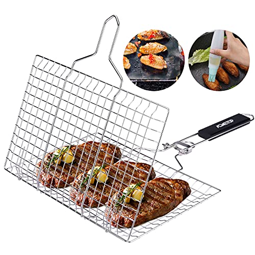 ACMETOP Portable Grill Basket 304 Stainless Steel Fish Grill Basket with Removable Handle Grill Fish Basket for Grilling Vegetables Fishes Shrimp  Bonus a Grill Mat Sauce Brush and Carrying Pouch