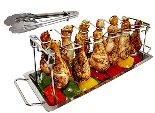 Chicken Leg Rack for Grill Smoker or Oven Great for Chicken Legs Wings or Drumsticks Stainless Steel NonToxic Drumstick Holder Comes in a Box with Grill Drip Pan for Vegetables and Grill Tongs