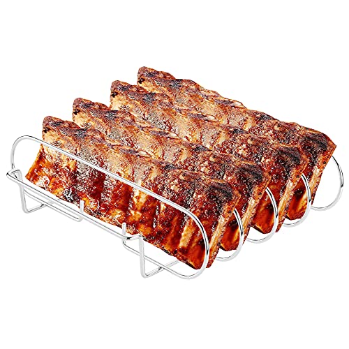 Large Rib Rack for Smoking  Grilling  BBQ Rib Rack Stainless Steel  Holds 4 Full Racks of Ribs  Easy to Use and Clean Rib Racks for Smoking Big Green Egg and Masterbuilt Smoker