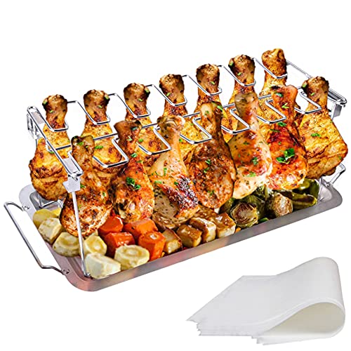 yamisan Chicken Leg Wing Grill Rack  14 Slots Stainless Steel Roaster Stand with Drip Pan BBQ Chicken Drumsticks Rack for Smoker Grill or Oven