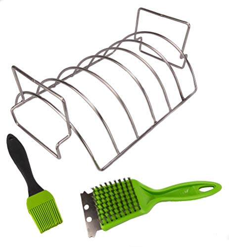 JLine Design Rib Grilling Roasting Rack for BBQ and Smoker  Reversible Rib and Roast Holder  Holds up to 6 Baby Back Ribs  Complete with Basting Brush and Grill Scraper