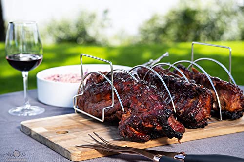 Large 5 Slot Stainless Steel Rib Rack 136L x 94W x 59H Size and 2in1 Design Will Hold Full Rack of Ribs or Chicken Our Stand Fits Most Grills BBQs Smokers or Ovens Larger than 16 in Diameter