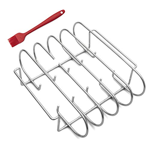 Savail Rib Roasting Rack Holds 4 Ribs  4 Heavy Duty Stainless Steel Slot BBQ Stand with 2 Easy Grip Handles for Oven and Grill  for Grilling and Smoking  Includes Silicone Sauce Basting Brush