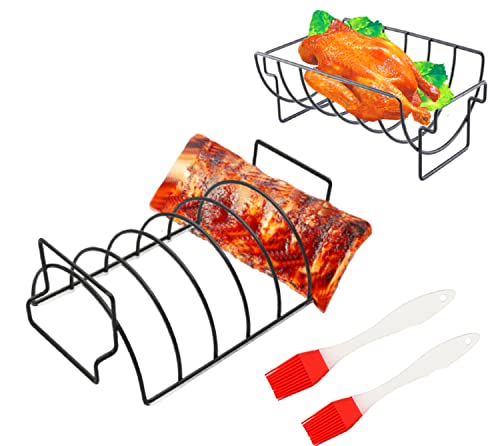 ZUOOBAR Rib Rack for Smoking Stainless Steel Roasting Grill Rack with Oil Brush for BBQ Hold 6 Rib Racks for Grilling  BarbecuingBBQ Rib Rack for Gas Smoker or Charcoal Grill
