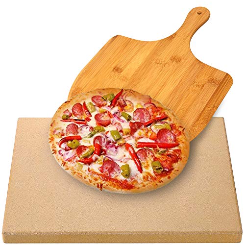 AUGOSTA Pizza Stone for Oven and Grill Free Wooden Pizza Peel Paddle Durable and Safe Baking Stone for Grill Thermal Shock Resistant Cooking Stone 15 x 12 Inch