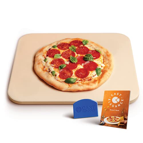 Cast Elegance Theramite Durable Pizza and Baking Stone for Oven and Grill Includes Recipe EBook  Cleaning Scraper Large 14 x 16 inch 58th inch Thick Rectangular Design