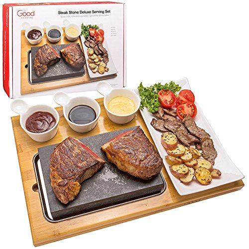 Cooking Stone Complete Set Lava Hot Steak Stone Plate Tabletop Grill and Cold Lava Rock Indoor BBQ Hibachi Grilling Stone (8 18 x 5 316) w Ceramic Side Dishes and Bamboo Platter