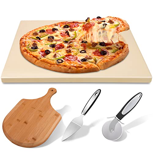 HOUSDAY Pizza Stone 15x12 Cordierite Baking Stone for Oven and Gill Pizza Peel Paddle Pizza Cutter Wheel Pizza Server Safe Durable Thermal Shock Resistant Cooking Stone for Crispy Crust Bread BBQ