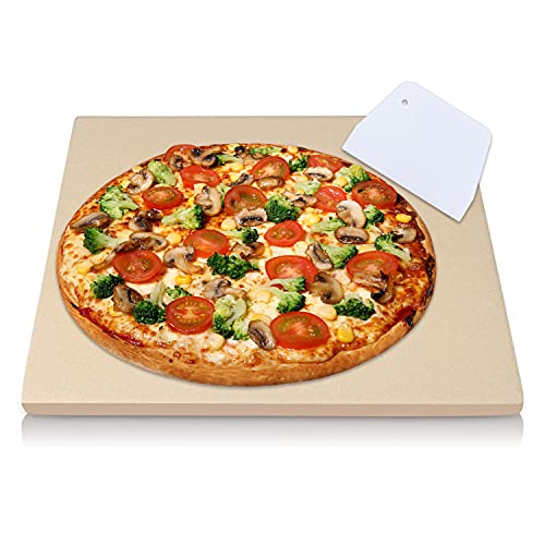 Crozzfog Pizza Stone for Grill and Oven Rectangle Grill Pizza Stone Baking Stone with Scraper Safe Ceramic Cordierite Pizza Stone Pan Cooking Stone for Crisp Crust Pizza Bread BBQ(15x12inches)