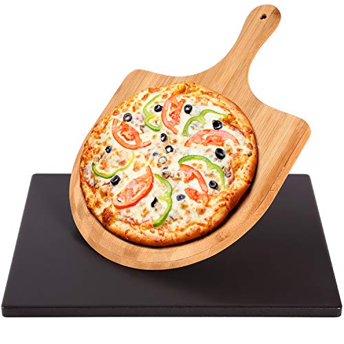 Ohuhu Black Glazed Surface Pizza Stone for Oven and GrillBBQ Wooden Pizza Peel Paddle Durable and Safe Baking Stone for Grill Thermal Shock Resistant Cooking Stone 15 x 12 Inch