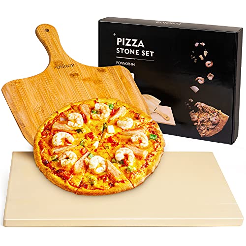 PONNOR Pizza Stone for Oven and Grill 15 x 12 InchesGreat Christmas Gift Pizza Peel Stone Set with Pizza Bamboowood Shovel and Cordierite Baking Stone for Pizza Pie Pastry BBQ