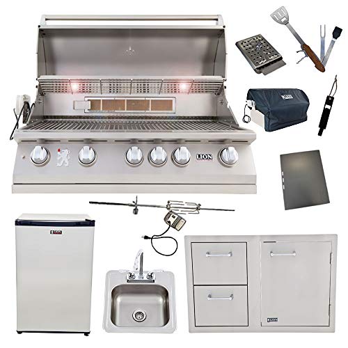 Lion 40Inch Natural Gas Grill L90000 with Refrigerator and Door and Drawer Combo and DropIn Sink with and 5 in 1 BBQ Tool Set Best of Backyard Package Deal