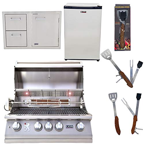 Lion Premium Grills 32Inch Natural Gas Grill L75000 with Lion Door and Drawer Combo with Towel Rack and Lion Refrigerator Package Deal with 5 in 1 BBQ Tool Set