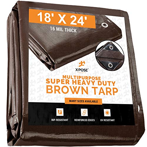 18 x 24 Super Heavy Duty 16 Mil Brown Poly Tarp Cover  Thick Waterproof UV Resistant Rip and Tear Proof Tarpaulin with Grommets and Reinforced Edges  by Xpose Safety