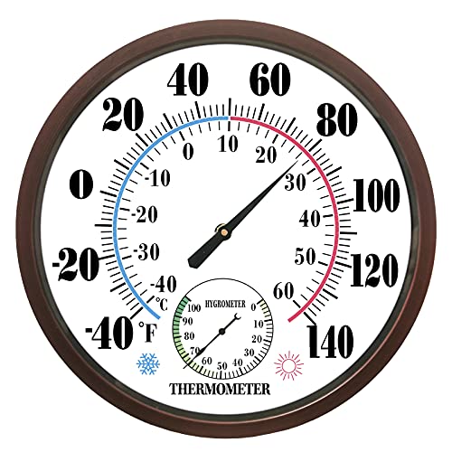 Indoor Outdoor Thermometer Large Numbers 12 Wall Thermometer Hygrometer Does not Require Battery Hanging Hygrometer Garden Decoration (Brown)