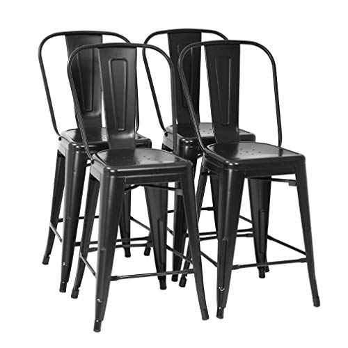 Metal Bar Stool Set of 4 Counter Height Barstool with Back 24 Inches Seat Height Industrial Bar Chairs Patio Stool Stackable Modern Kitchen Stool Indoor Outdoor Metal Bar Stool Kitchen Stools (Black)