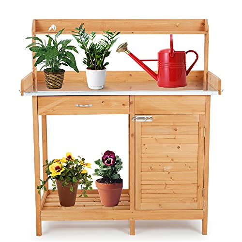 AVAWING Outdoor Potting Bench Table Garden Work Station with Metal Tabletop Cabinet Sliding Drawer Open Shelf Natural Fir Wood